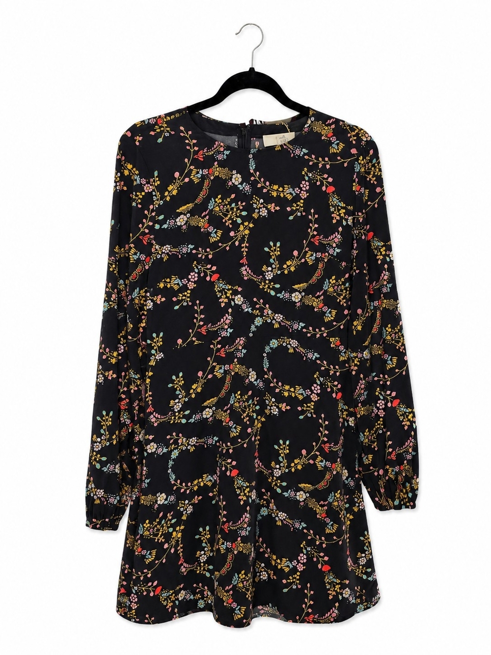 LOFT Black Floral Long-Sleeve Swing Dress